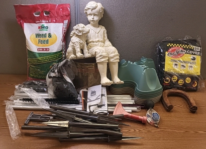 Plant Pot Stands, Weed & Feed 28-3-3 Lawn Feed, Lawn Statue and More