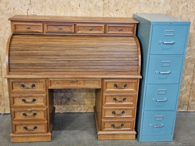 Granite-inlay Rolltop Desk, Metal File Cabinet