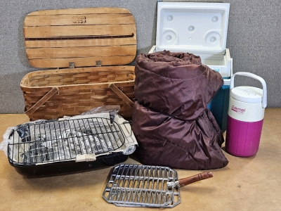 New Unassembled Tabletop Charcoal Grill, Sleeping Bag, Cooler, Picnic Kit, More