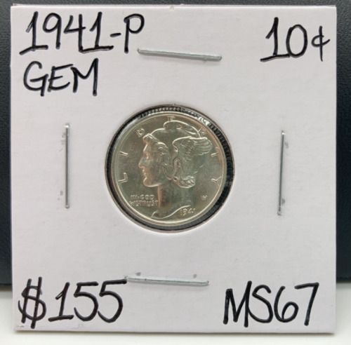 1941-P MS67 Gem Mercury Silver Dime