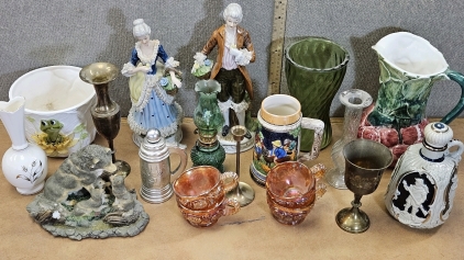 11" Statuettes, Oil Lamp, Brass, Ceramics, More