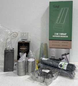 Various Kitchenware Including Stainless Steel Wine Glasses, Coffee Tumbler, ‘Best Dad’ Whiskey Glasses, Glass Vase, Wrap Dispenser Organizer, And More!