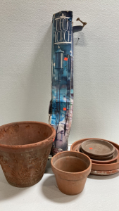 (2) Clay Flower Pots, (5) Clay Drip Trays, Set of 2 Deck Torches