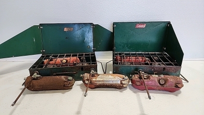 (2) Vintage Coleman 425E Double Burner Gas Cook Camping Stoves