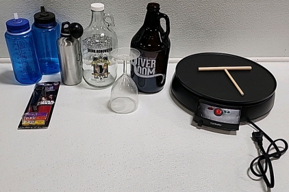 Electric Griddle & Crepe Maker, (2) Growlers, (3) Water Bottles, Plastic Wine Glass, Darth Vader Pez Dispenser