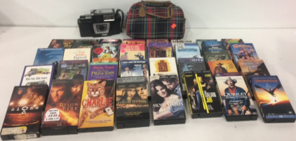 (32) Classic VHS Movie Tapes Including: Rain Man, Ace Ventura And More! (1) Vintage Fotron III Camera With Bag