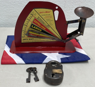 (1) Vintage Jiffy-Way Egg Scale, (1) Vintage Lock W/ Keys, (1) Confederate Flag