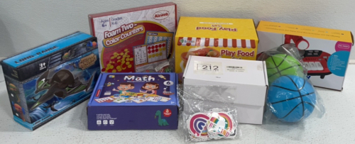 Various Kids Items Including Learner Games, Catapult Dinosaur Toy, Play Food Set, Bracelet Making Kits, Mini Basketballs, Infant Toy Keyboard, And More!