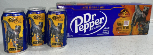 Dr.Pepper* Limited Edition Flavor Dark Berry Jurassic World Promotion Collectible 12 Pack (Unopened) & (3) Blue & Beta Cans (Unopened)