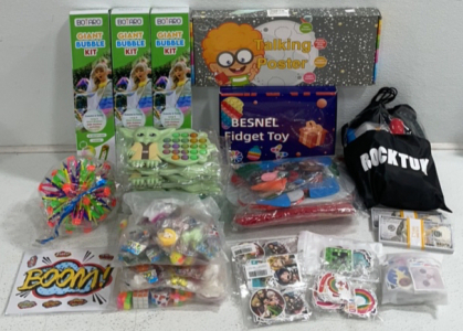 Kids Giant Bubble Kit, Educational Talking Poster, Various Fidget Toys, Stickers, Pogo Stick, Felt Kit, Bags Of Small Prize Toys, And More!