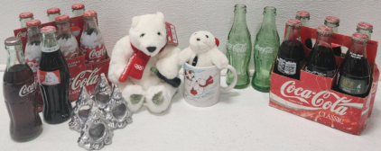 (2) Coca-Cola Polar Bears, (4) Christmas Tree Decor, (2) Empty Coke Bottles, (2) Full Vintage Cokes, (2) Coca-Cola 6 Packs