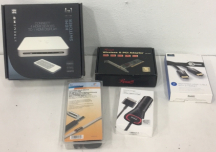 (1) Xtreme Hd HDMI Switcher (1) Rosewill Wireless G PCI Adapter (1) Verizon Vehicle Cell Phone Charger (1) RadioShack 4’ HDMI Cable (1) Raychem UF Splice Kit