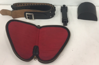 (1) Soft Pistol Carry Case (1) Rifle Foregrip (1) Small Gun Rest (1) Leather Ammunition Belt