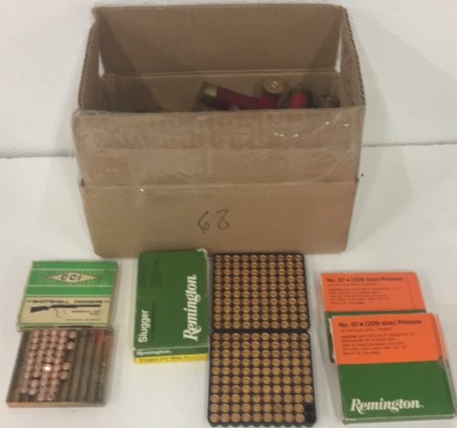 (68) Various 12GA Shotgun Shells (42) CCI Remington Size 157 Shotshell Primers (198) Remington No. 97 Primers (5) Remington Slugger 2-3/4” mag 1OZ 12Ga Slugs