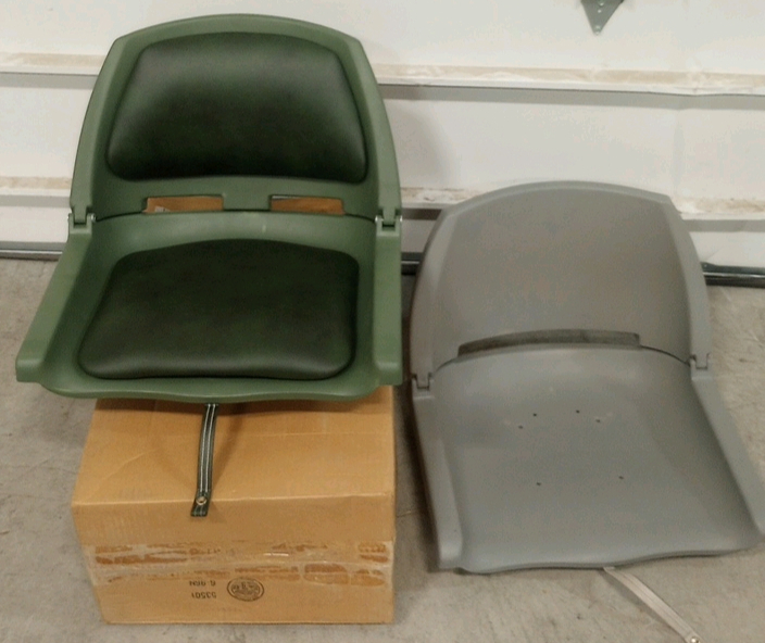 (1) New Cabela's Green Padded Swivel Boat Seat (1) Grey Plastic Boat Seat