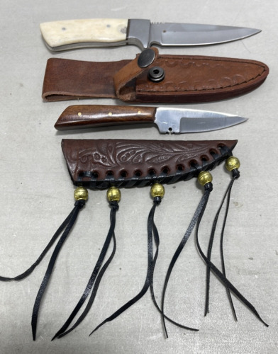 (1) Straight Back Fixed Blade Knife & Leather Sheath (1) Patch Knife, Fixed Blade Knife W/ Leather Sheath