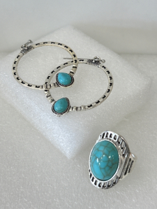 Pair of Turquoise Style Fashion Earrings and Ring