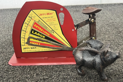 Cast Iron Flying Pig and Jiffy-Way Egg Scale