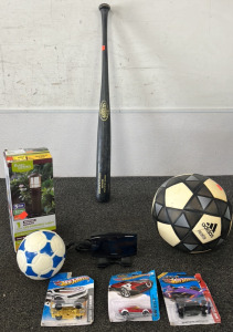 Alarm clock, Hot wheels, Louisville Slugger Youth Bat, and more