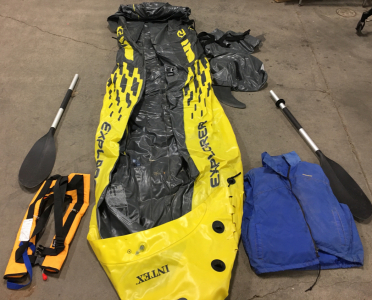 Gray/ Yellow Kayak, (2) Life Jackets,(2) Paddles