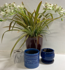 Large Faux Potted Plant, (2) Planter Pots, Napkin Box Cover
