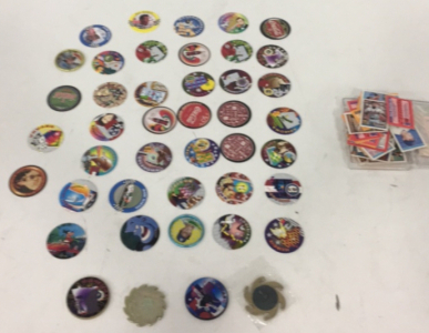 (34) Vintage Pogs (4) Metal Pog Slammers Including OJ Simpson Slammer (1) Box Of Various Topps Mini Baseball Cards