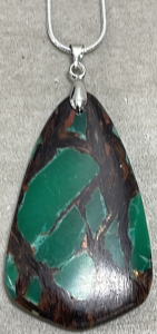 (1) 42.95ct Green Jade, Gold, And Copper Inverted Triangle .925 Necklace