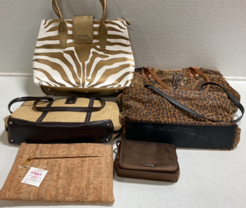 (3) Animal Print Bags, (1) Woven Purse, (1) Cork Oversized Clutch, (1) Small Brown Purse