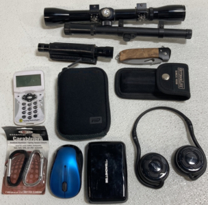 (2) Gun Scopes, (2) Folding Knives, (1) Small Flashlight, (1) Classroom Clicker, (1) Mouse and more