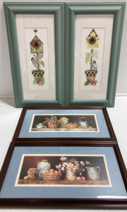 (2) Framed Birdhouse Planter Prints, (2) Fruit and Flowers Prints