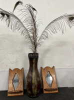 Metal Vase w/ Feathers and (2) Wood Shelves with mirrors