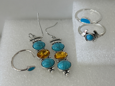 Pair of Turquoise Style Fashion Earrings and Rings