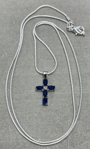 (1) Blue Sapphire Cross Gemstone .925 Necklace