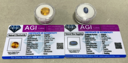 (1) 8.95ct Orange Natural Clinohumite Cushion Cut, (1) 2.85ct Natural Blue Sapphire Oval Cut
