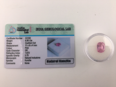 6.95 C.T. Natural Pink Kunzite Cushion Cut Gemstone With Certificate of Authenticity