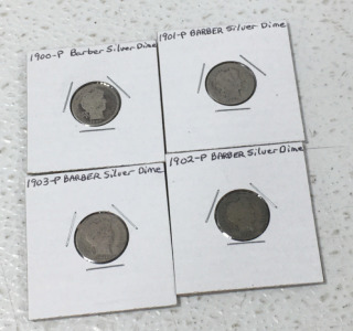 (4) 1900, 1901, 1902, 1903 Barber Silver Dimes