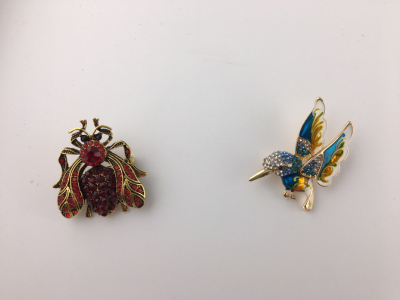 (1)Beautiful Jeweled Gold Bee Broach/Pin (1) Jeweled Hummingbird Pin