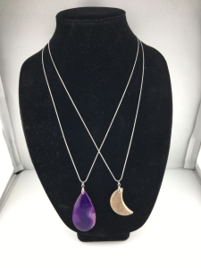 (1) Purple Striped Agate Gemstone Large Teardrop With 22&rdquo; .925 Necklace (1) Chrysanthemum Coral Gemstone Moon With 22&rdquo; .925 Necklace