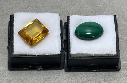 (1) Oval Cut And Polished Malachite Gemstone, (1) Marquis Cut, Polished And Faceted Yellow Citrine Gemstone