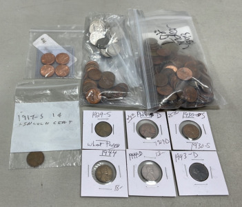 (1) 1917-S Lincoln Cent, (6) 1929-1943 Lincoln Cents, (1) Bag Of Pennies Various Dates, (1) Bag Of Canadian Coins Various Dates