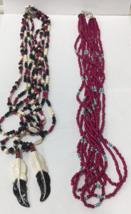 (1) Black, Ivory & Dark Fuchsia Beaded Fashion Necklace w/ Black & White Feathers (1) Dark Fuchsia Beaded Fashion Necklace w/ Silver and Light Blue Beads