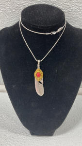 Tibetan Silver Feather With Red Turquoise Insert .925 Necklace