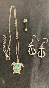 Turtle Pendant Necklace, Skull Bar Piercing, Anchor Earrings