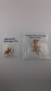 (1) Red And White Hummingbird Pin (1) Large Gold Colored Owl Pin