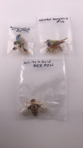 (1) Hummingbird On Branch Pin (1) Colorful Songbird Pin (1) White And Gold Bee Pin