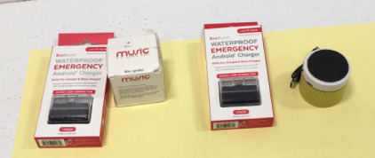 (2) Waterproof Emergency Android Chargers, 100% Pre Chargerd& Stays Charged, Micro-USB Connector, (2) Mini Speakers