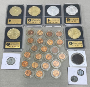 (6) LiteCoin/Ethereum Rounds, (20) Pennies, Other Tokens