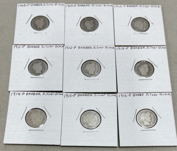 (9) Barber Silver Dimes Dated 1908-P To 1916-P
