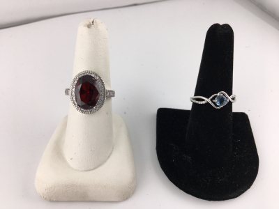 (1) Size 8 Oval Cut Faceted Red Ruby Ring .925 (1) Size 8 Round Cut Faceted Aquamarine Ring .925