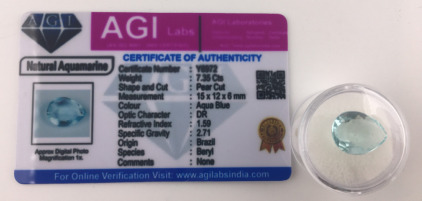 7.5 CT. Natural Aqua Blue Aquamarine Brazilian Gemstone With Certificate of Authenticity